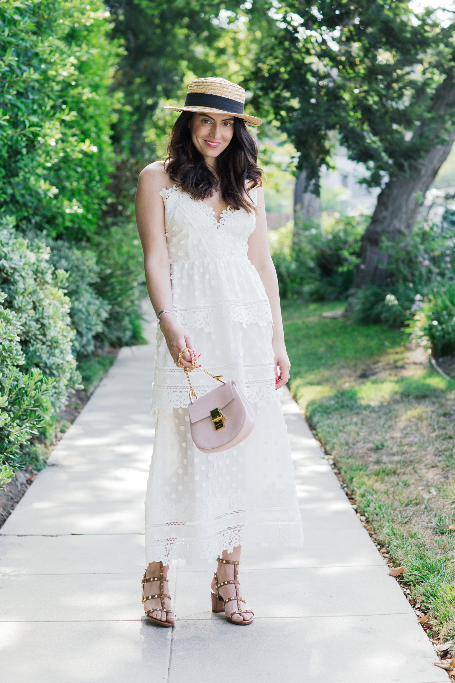 blogger Styles Notes By Belen wears a white selfportrait dress with valentino shoes, chloe drew bag and H&M hat-1